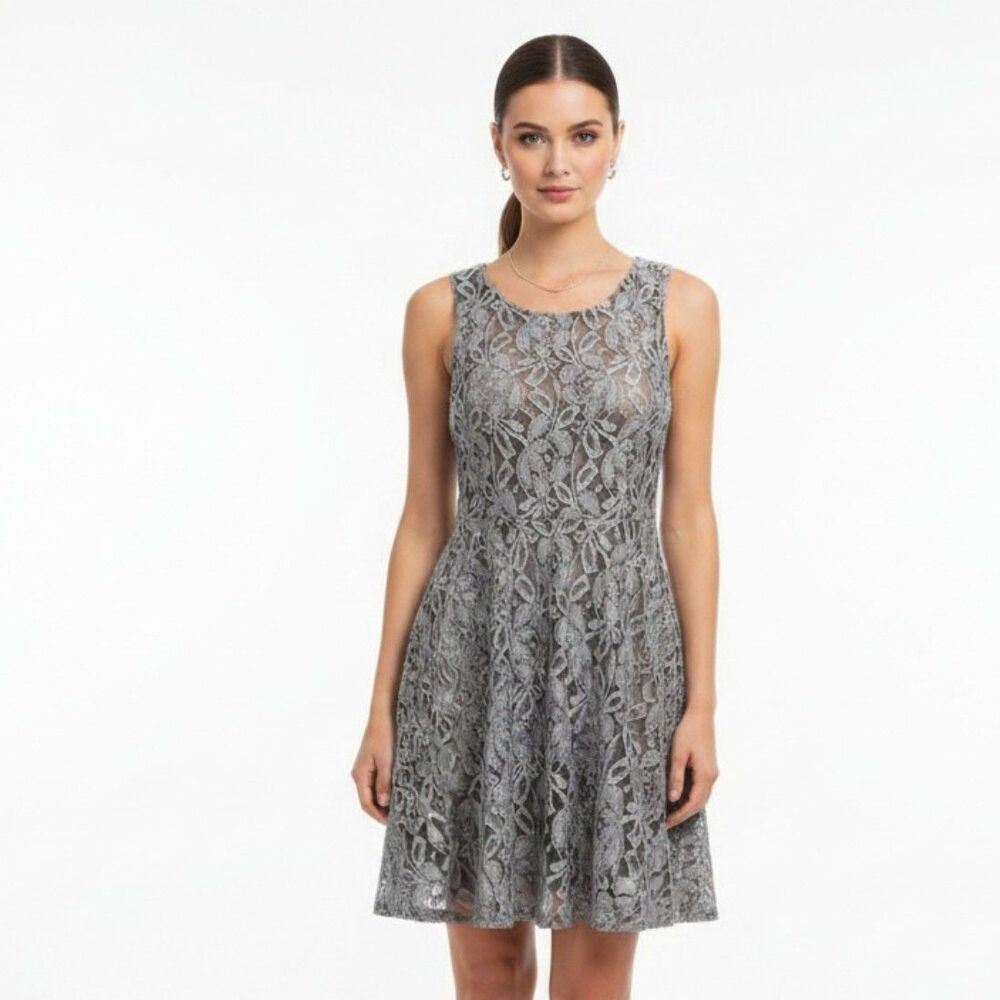 Free People Gray & Black Lace Floral Print Mini Dress S
